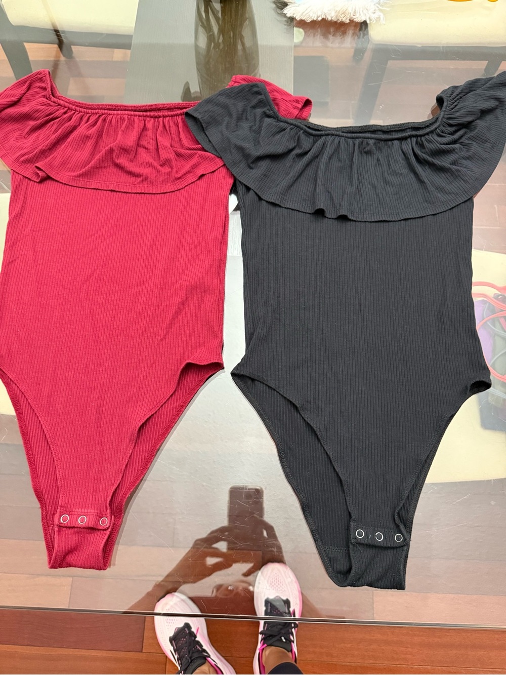 Abercrombie & Fitch  Ribbed Off-Shoulder Bodysuits in Burgundy and Black